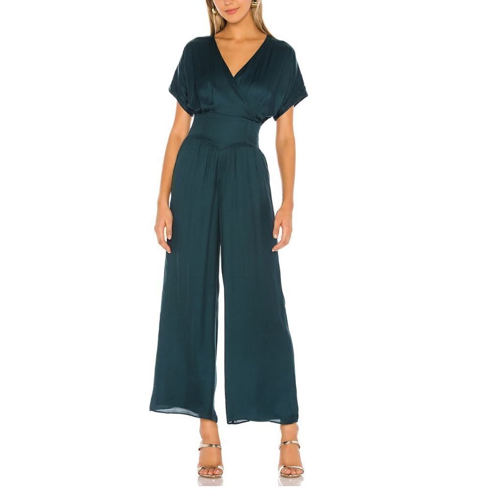 Tularosa Whitley Teal Satin Short Sleeve Flowy Wide Leg Jumpsuit Size XS